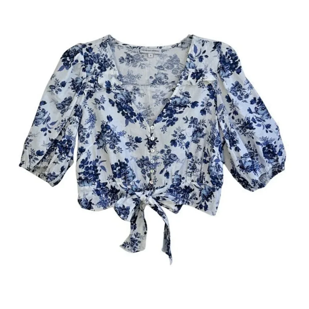 Cupcakes & Cashmere Jerome Cropped Linen Top Womens Sz S Blue Toile Puff Sleeve